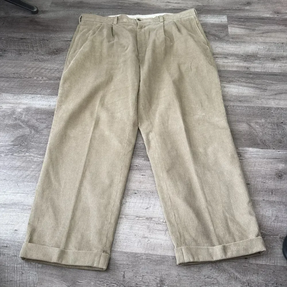 Brooks Brothers 346 Pants Mens 42x30 Tan Wide Wale Corduroy Pleated Cuffed